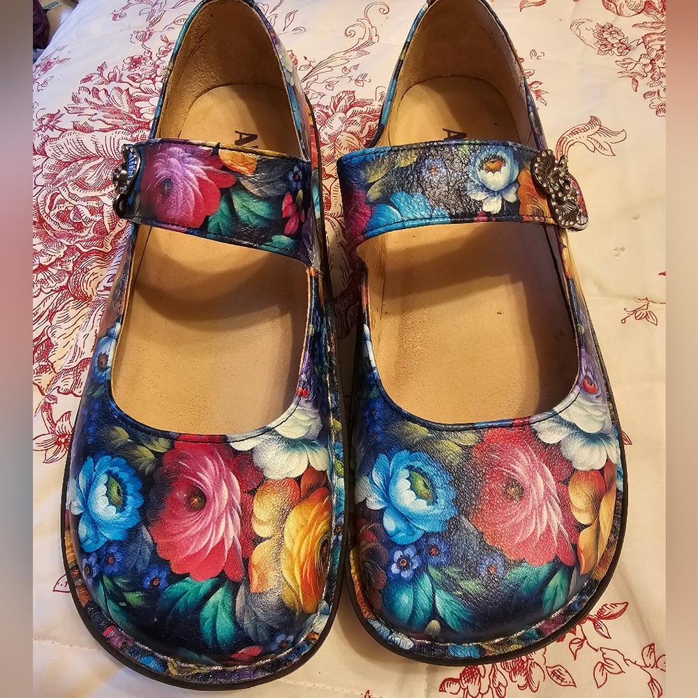 Alegria Blue and Red Flats with Floral Design